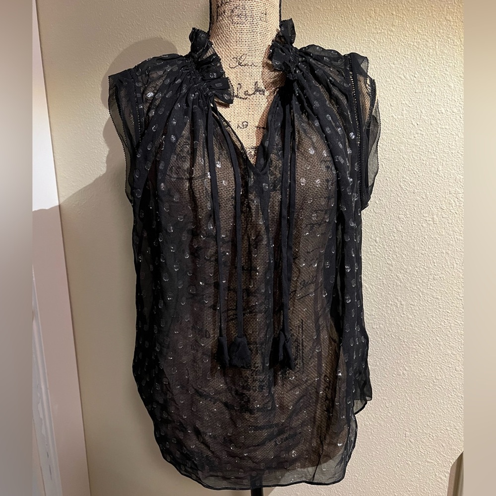 Rebecca Taylor Black Sheer Polka Dot Tie-Neck Blouse
